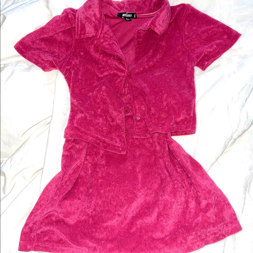 Missguided Pink Velour Button-Up Crop Top and Skirt Set